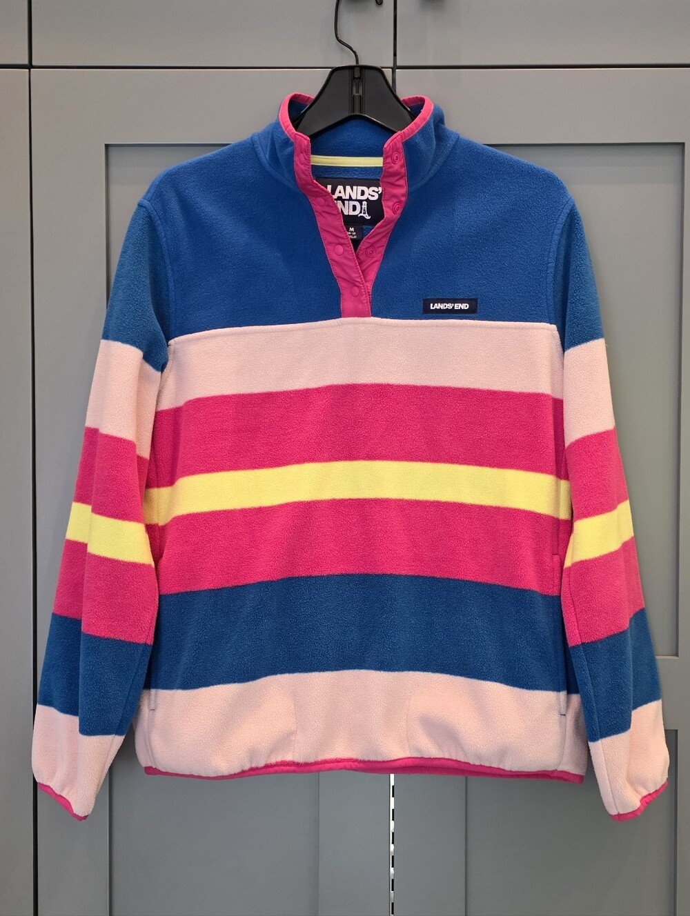 Lands' End Women's Heritage Fleece Snap Neck Pullover Pink Striped Medium Preppy